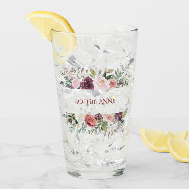 Burgundy Blush Ivory Flowers Frame Monogram Glass (Front Ice)