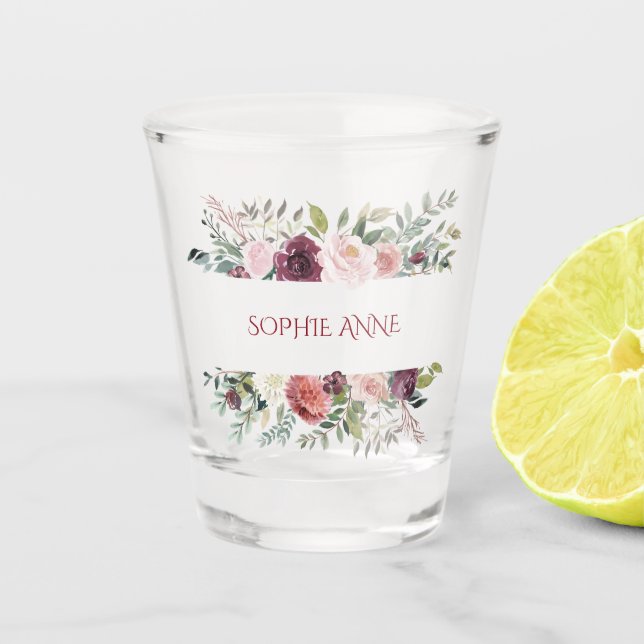 Burgundy Blush Ivory Flowers Frame Monogram Shot Glass (Front)