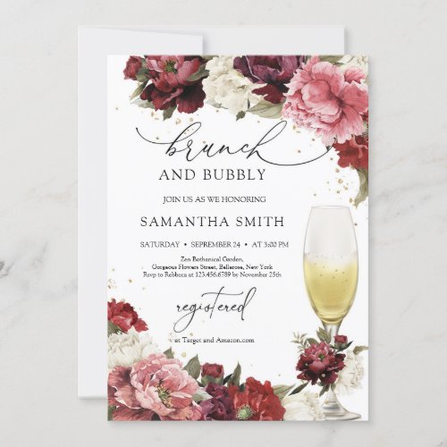 Burgundy blush maroon flowers brunch and bubbly invitation