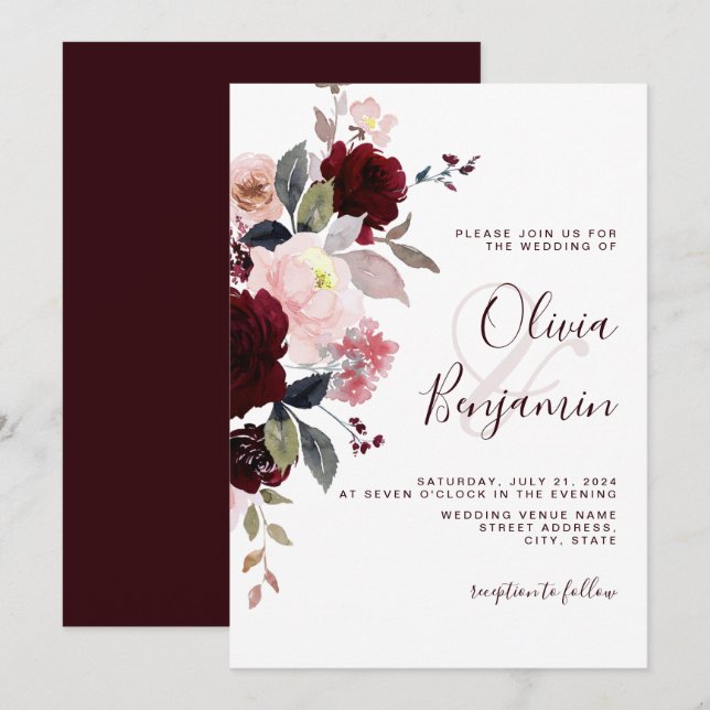 Burgundy Blush Marsala Elegant Floral Wedding Invitation (Front/Back)