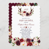 Burgundy Blush Marsala Floral Antlers Baby Shower Invitation