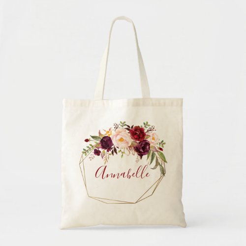 Burgundy  Blush Marsala Floral  Frame Name Tote Bag