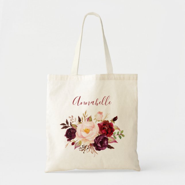 Burgundy & Blush Marsala Floral & Name or Monogram Tote Bag (Front)