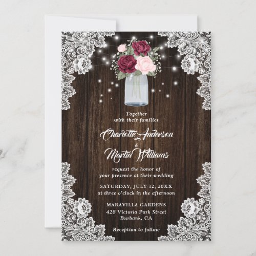 Burgundy Blush Mason Jar Lace Floral Wedding Invitation