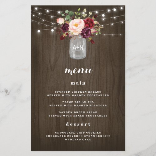 Burgundy Blush Mason Jar Rustic Wedding Menu Cards