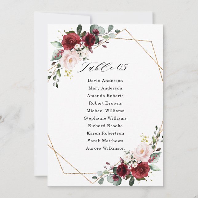 Burgundy Blush Modern Geometric Seating Chart card (Front)