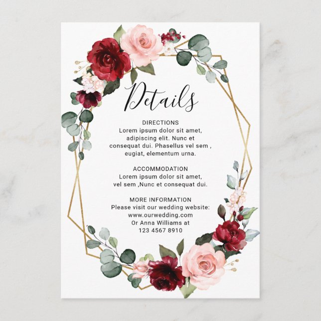 Burgundy Blush Modern Geometric Wedding Details Enclosure Card (Front)
