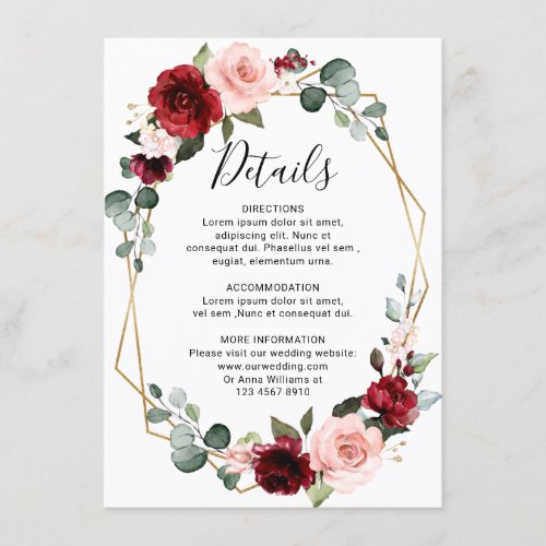 Burgundy Blush Modern Geometric Wedding Details Enclosure Card