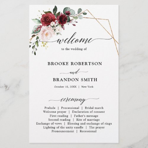 Burgundy Blush Modern Geometric Wedding Program