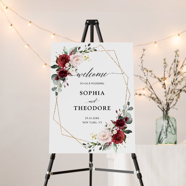 Burgundy Blush Modern Geometric Wedding Welcome Fo Foam Board (In Situ (Stand))