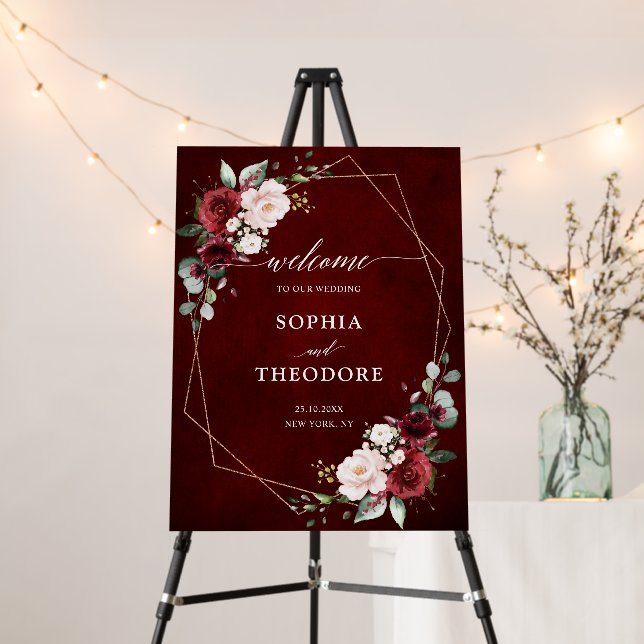 Burgundy Blush Modern Geometric Wedding Welcome Foam Board (In Situ (Stand))