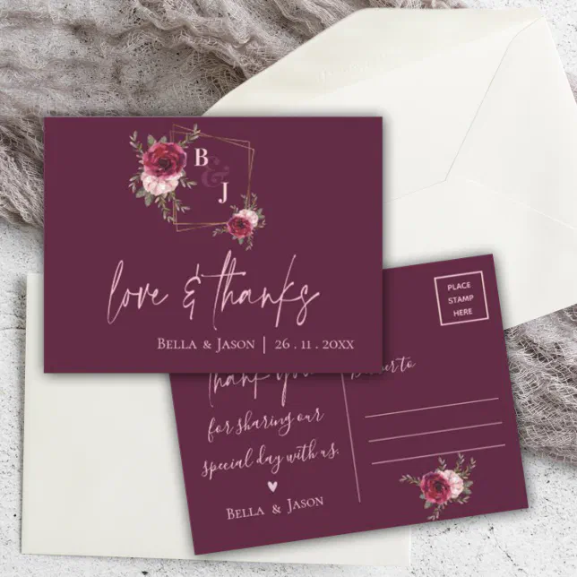 Burgundy Blush Monogram Floral Wedding Thank You Postcard Zazzle