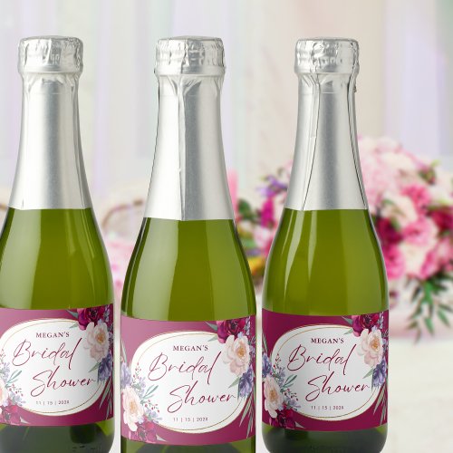 Burgundy Blush  Navy Blue Bloom Bridal Shower  Sparkling Wine Label