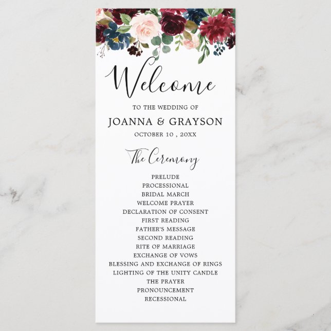 Burgundy Blush Navy Blue Botanical Floral Boho Program (Front)