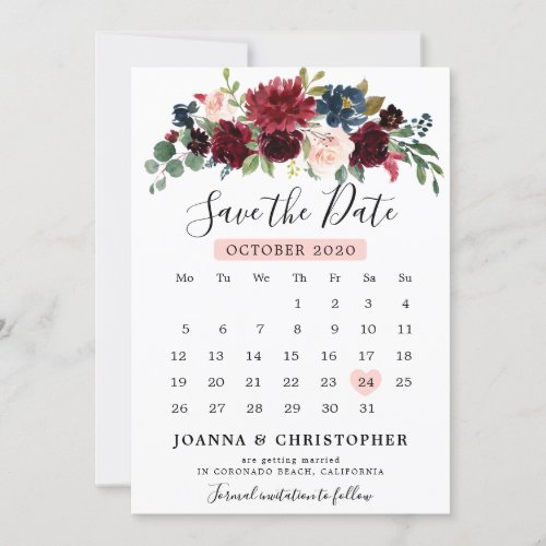 Burgundy Blush Navy Blue Botanical Floral Boho Save The Date