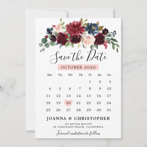 Burgundy Blush Navy Blue Botanical Floral Boho Save The Date