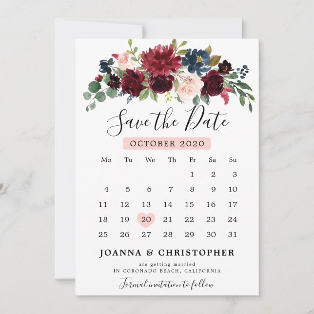 Burgundy Blush Navy Blue Botanical Floral Boho Save The Date (Front)