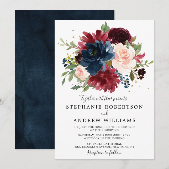Burgundy Blush Navy Blue Botanical Floral Wedding Invitation (Front/Back)