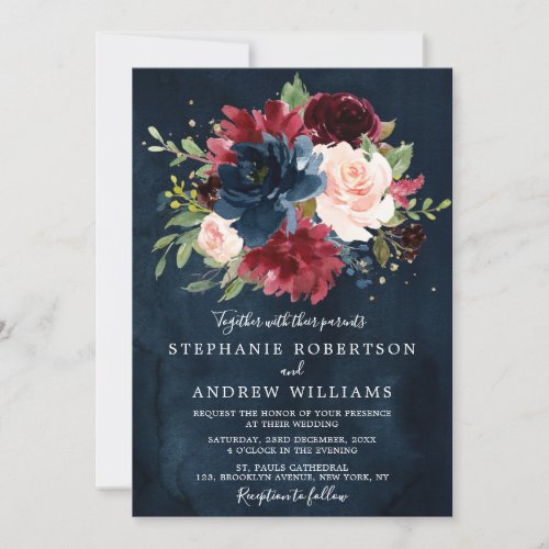 Burgundy Blush Navy Blue Botanical Floral Wedding Invitation