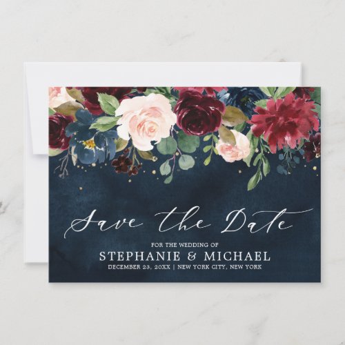 Burgundy Blush Navy Blue Botanical Floral Wedding Save The Date