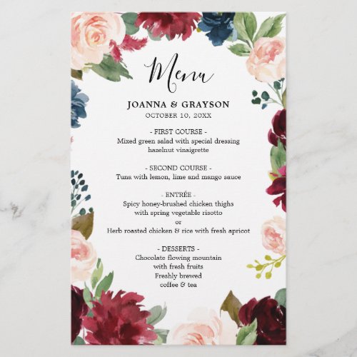 Burgundy Blush Navy Blue Botanical Wedding Menu