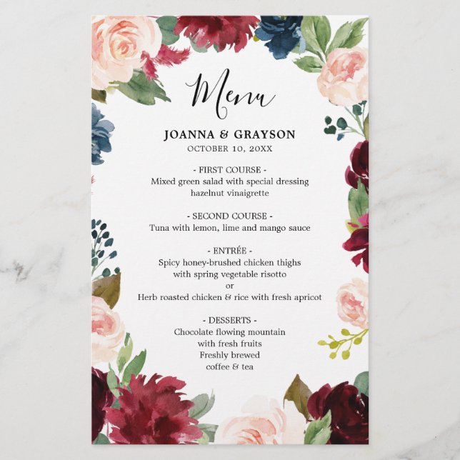 Burgundy Blush Navy Blue Botanical Wedding Menu (Front)
