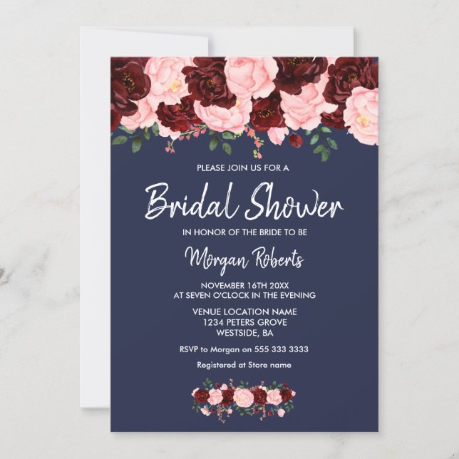 Burgundy Blush Navy Blue Bridal Shower Invitation (Front)