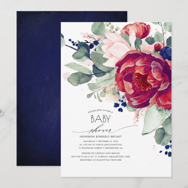 Burgundy Blush Navy Blue Floral Baby Shower Invitation (Front/Back)