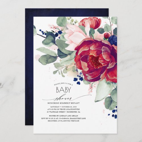 Burgundy Blush Navy Blue Floral Baby Shower Invitation