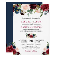 Burgundy Blush Navy Blue Floral Botanical Wedding Invitation