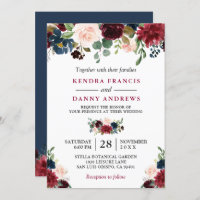Burgundy Blush Navy Blue Floral Botanical Wedding Invitation