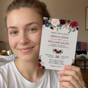 Burgundy Blush Navy Blue Floral Botanical Wedding Invitation