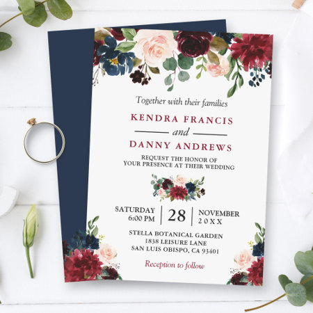 Burgundy Blush Navy Blue Floral Botanical Wedding Invitation