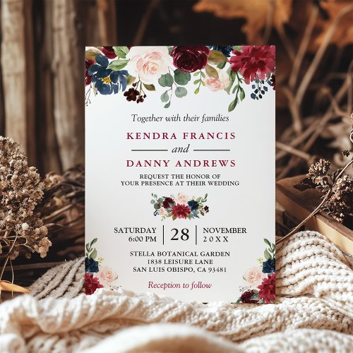 Burgundy Blush Navy Blue Floral Botanical Wedding Invitation