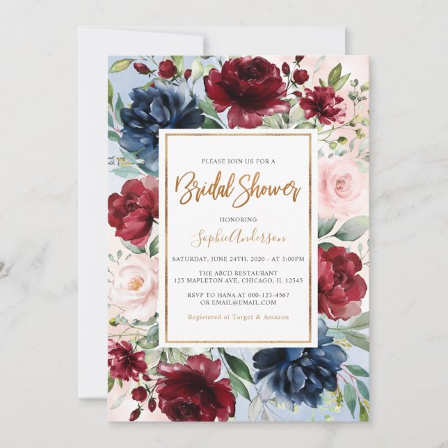 Burgundy Blush Navy Blue Floral  Bridal Shower Invitation (Front)