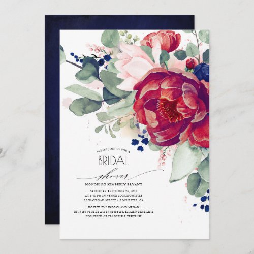 Burgundy Blush Navy Blue Floral Bridal Shower Invitation