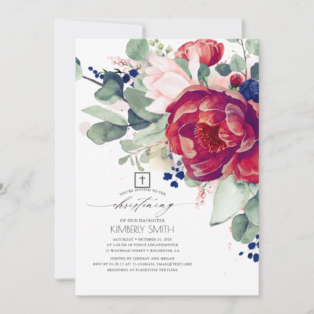 Burgundy Blush Navy Blue Floral Christening Invitation (Front)
