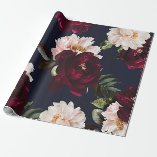 Burgundy Blush Navy Blue Floral Dark Moody Peonies Wrapping Paper