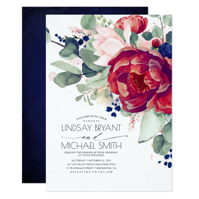 Burgundy Blush Navy Blue Floral Elegant Wedding Invitation