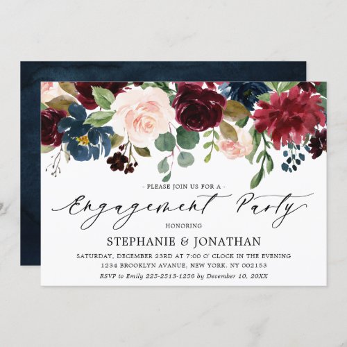 Burgundy Blush Navy Blue Floral Engagement Party Invitation