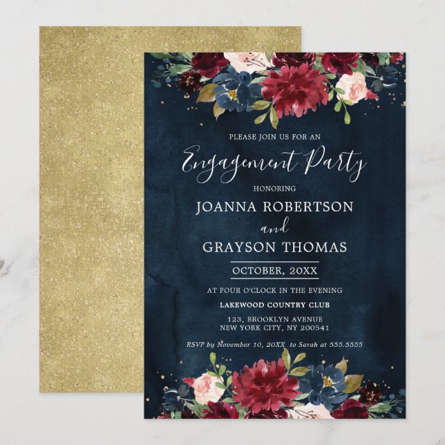 Burgundy Blush Navy Blue Floral Engagement Party Invitation (Front/Back)