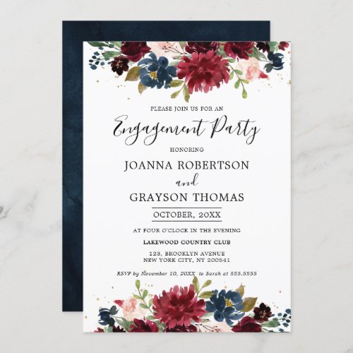 Burgundy Blush Navy Blue Floral Engagement Party Invitation