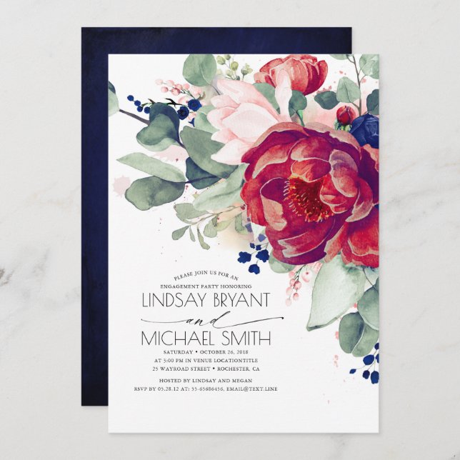 Burgundy Blush Navy Blue Floral Engagement Party Invitation (Front/Back)