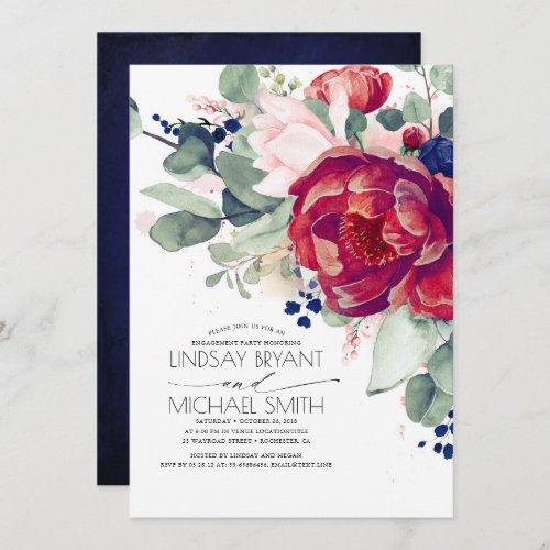 Burgundy Blush Navy Blue Floral Engagement Party Invitation