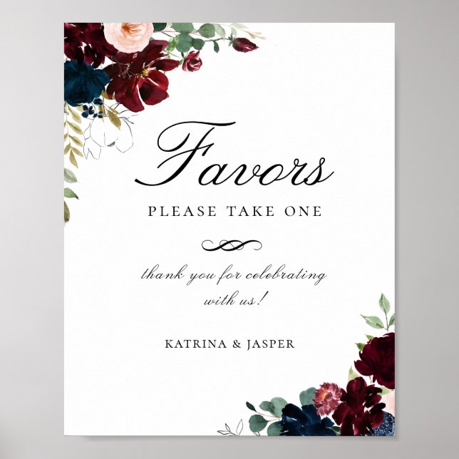 Burgundy Blush Navy Blue Floral Favor Wedding Sign (Front)