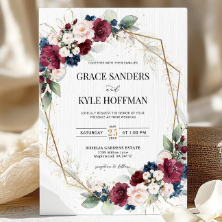 Burgundy Blush Navy Blue Floral Geometric Wedding Invitation