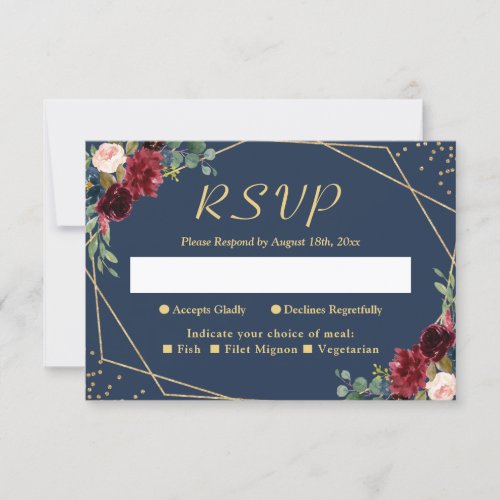 Burgundy Blush Navy Blue Floral Gold Glitters RSVP Card - Burgundy Blush Navy Blue Floral Gold Glitters RSVP Card. 
(1) For further customization, please click the "customize further" link and use our design tool to modify this template. 
(2) If you prefer Thicker papers / Matte Finish, you may consider to choose the Matte Paper Type. 
(3) If you need help or matching items, please contact me.