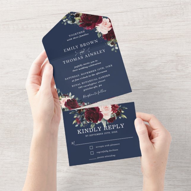 Burgundy Blush Navy Blue Floral Greenery Wedding A All In One Invitation (Tearaway)