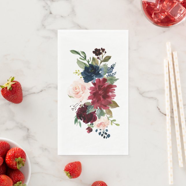 Burgundy Blush Navy Blue Floral Modern  Wedding Paper Guest Towels (Insitu)