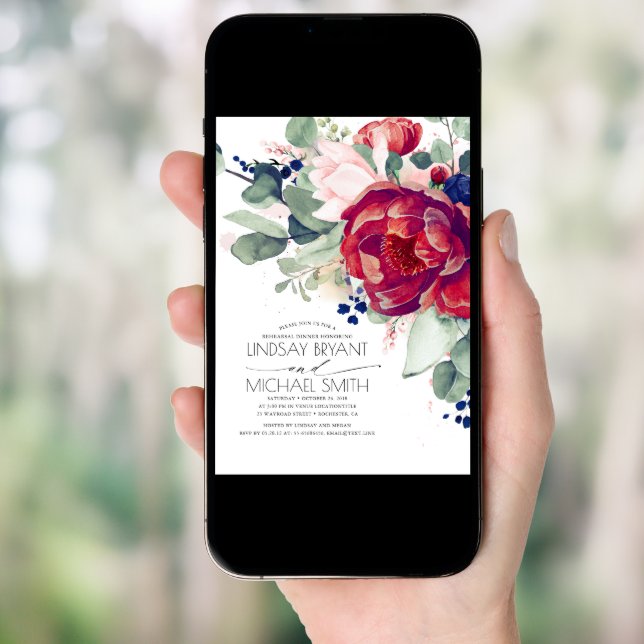 Burgundy Blush Navy Blue Floral Rehearsal Dinner Invitation (Front Digital)